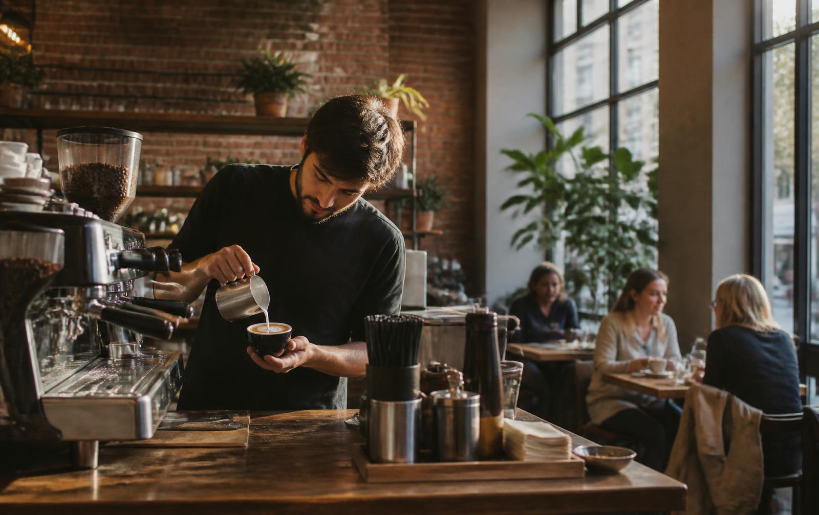 Barista pouring latte art inside an independent neighborhood coffee shop