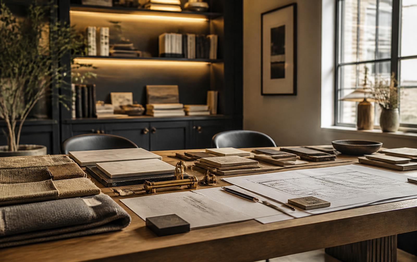 Interior design studio table with material samples and drawings