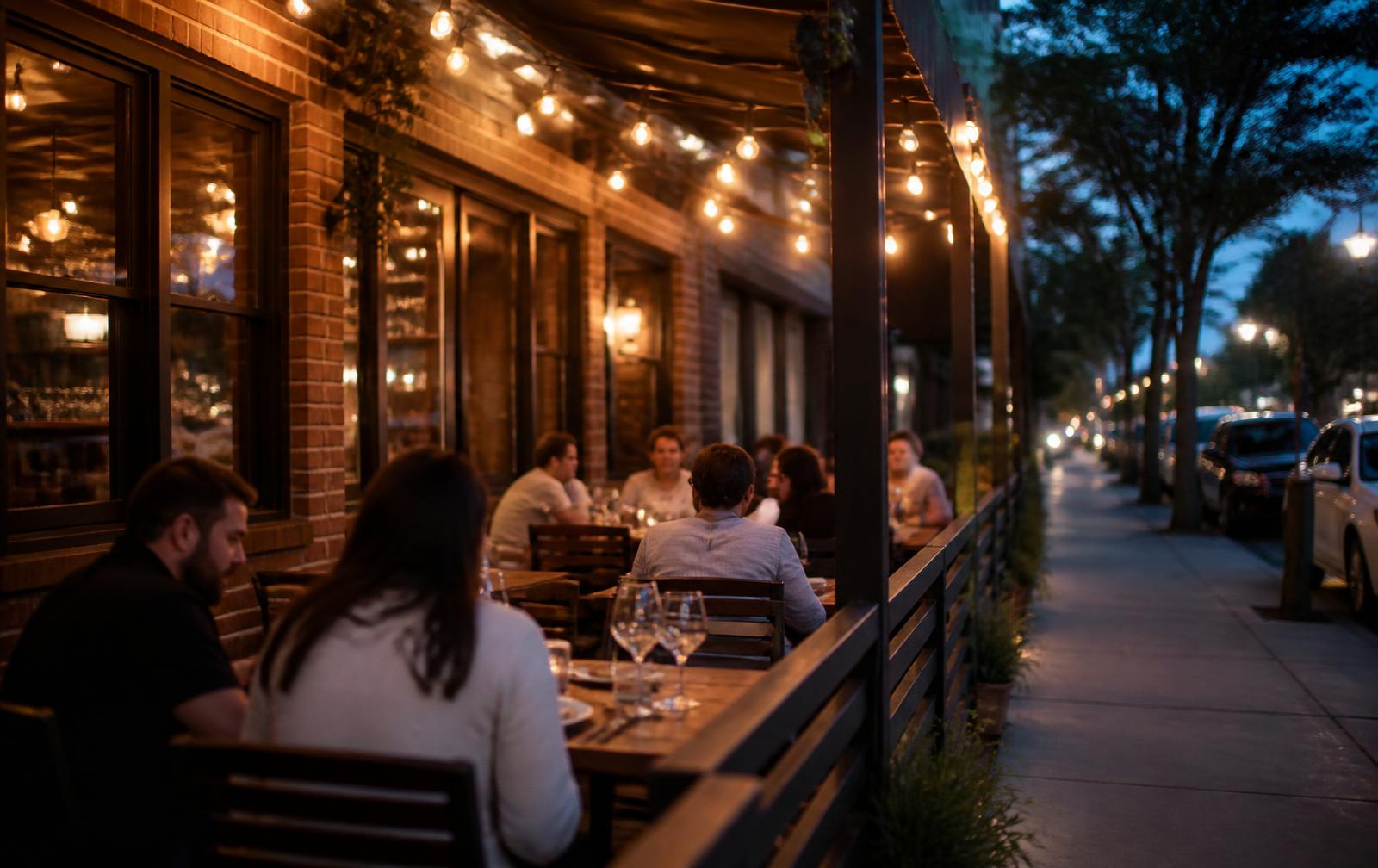 Restaurant patio with string lights at dusk in Plaza Midwood