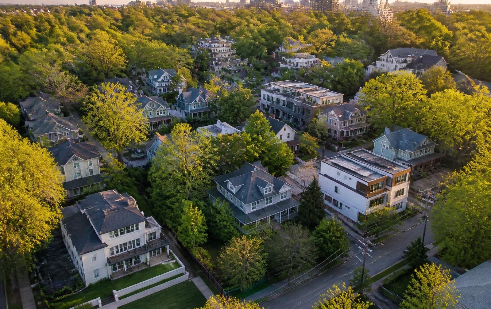 Aerial view of Plaza Midwood-style in-town blocks and infill construction