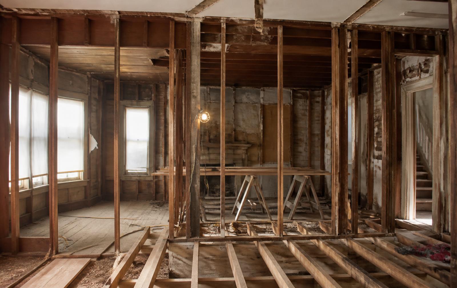 Historic bungalow interior stripped to framing during renovation