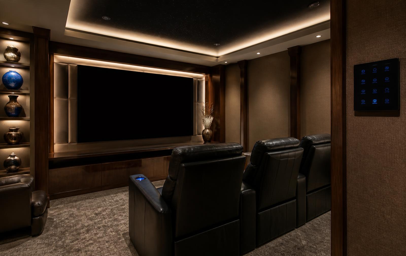 Integrated media room with in-wall speakers and a wall control keypad