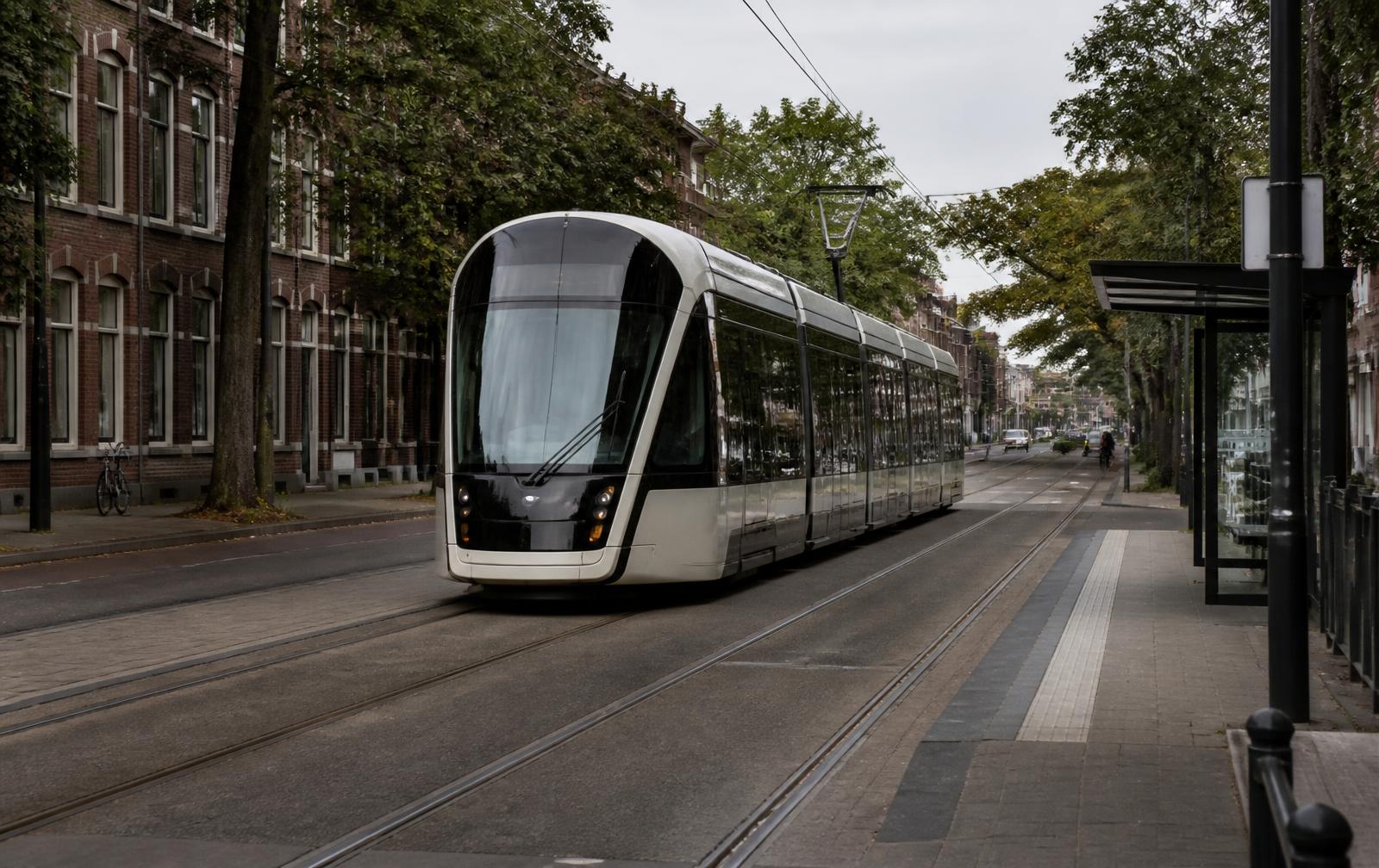 Modern streetcar on tracks along a tree-lined urban avenue